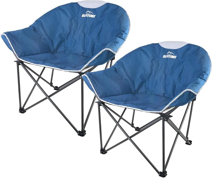 OUTDOOR LIVING SUNTIME Oversized Padded Camping ChairPortable Comfy Outdoor Folding Moon Round Saucer Chairs for Adults with Holder and Carry Bag Perfect for Hiking Lawn Patio Sports（Blue 2 Pack）