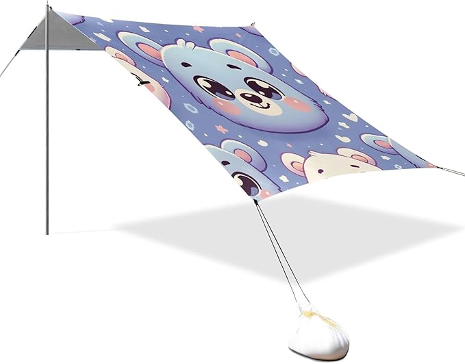 Cute Cartoon Bear Face Design Camping Sun Shelter Beach Tent Portable Beach Sun Shade Outdoor Canopy for Camping Trips Fishing Picnic