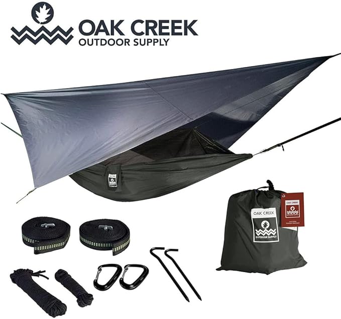 Oak Creek Camping Hammock and Accessories. Complete Package with Mosquito Bug Net Rain Fly Tree Straps. Great for Hiking Backpacking and Travel. Weighs Only 4 Pounds.