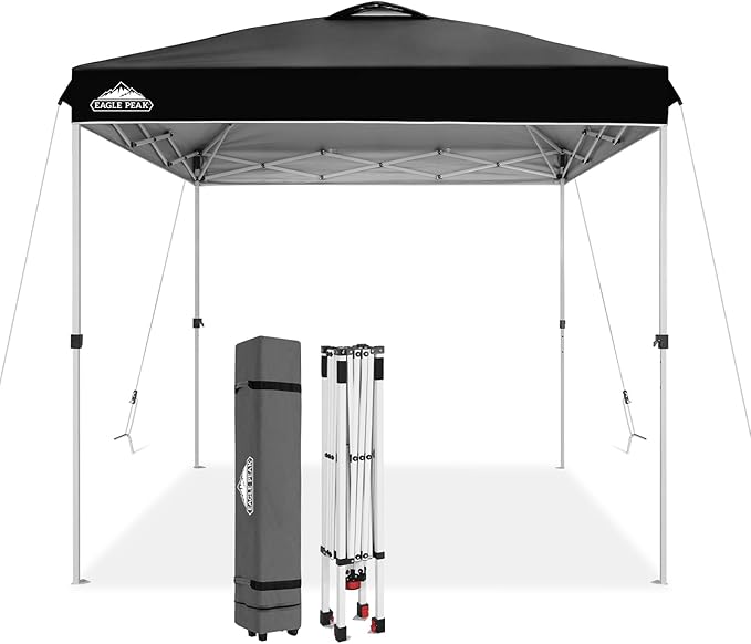 EAGLE PEAK Pop Up Canopy Tent with Wheeled Carry Bag 8 Stakes 4 Ropes Easy Set Up Tent Canopy 8x8 ft Black