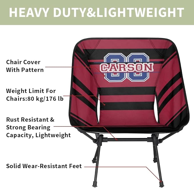 Custom Camping Chair Personalized Foldable Indoor Outdoor Chair Customized Name Lightweight Backpacking Chairs for Sports Basketball Football Baseball Team