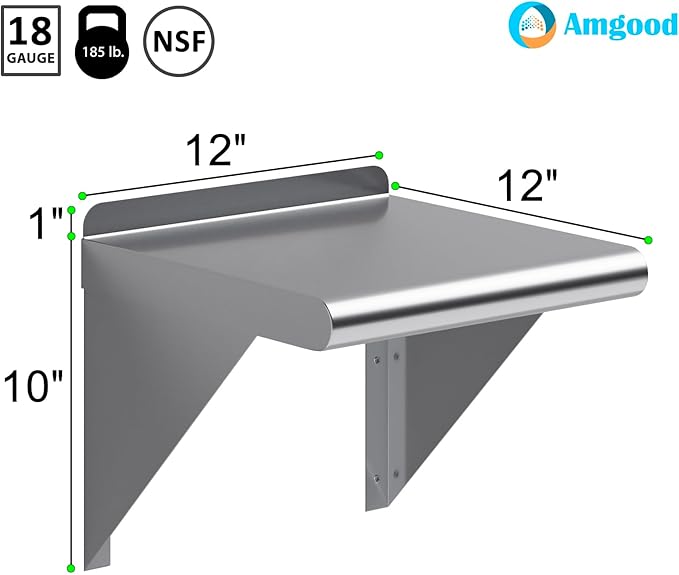 AmGood 12 in. x 12 in. Stainless Steel Wall Shelf | NSF Certified | Appliance &amp Equipment Metal Shelving | Kitchen Restaurant Garage Laundry Utility Room