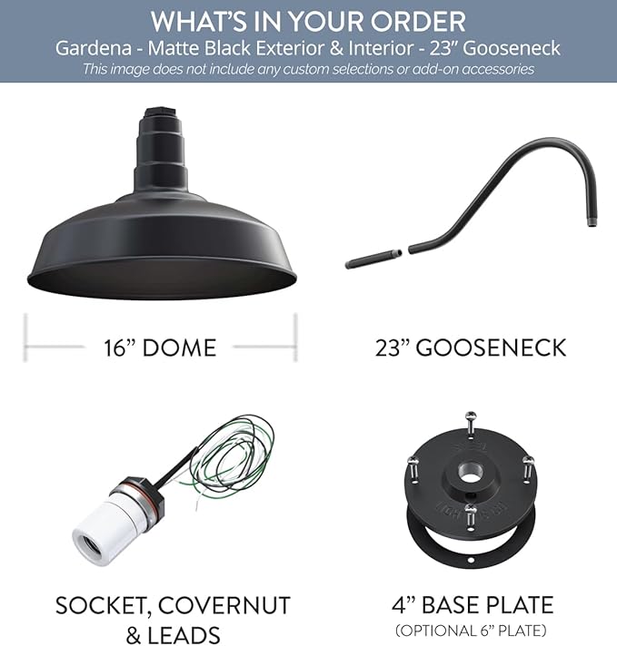 Steel Lighting Co. | Dusk to Dawn | Gardena Barn Light | Outdoor Wall Mounted | 16 Dome | 23 Gooseneck | Farmhouse Light Made in America | Matte Black Exterior/Matte Black Exterior