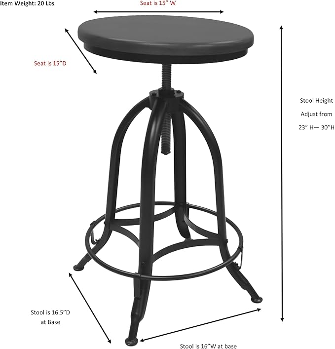 Carolina Chair &amp Table Ryder Adjustable Round Bar Stool - Powder Coated Finish Metal Frame Solid Wooden Seat Swivel Stool - Rustic Style Furniture for Counter Dining Room Kitchen (Elm/Gold)