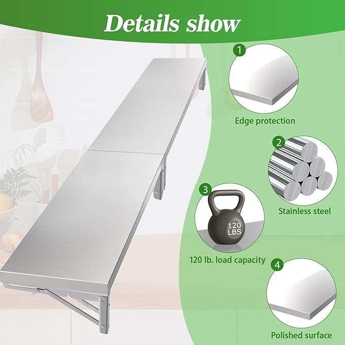 Concession Shelf 70.8 L x 12 W Folding Concession Shelf for Food Truck Stainless Steel Drop Down Folding Serving Food Shelf Stand for Concession Windows