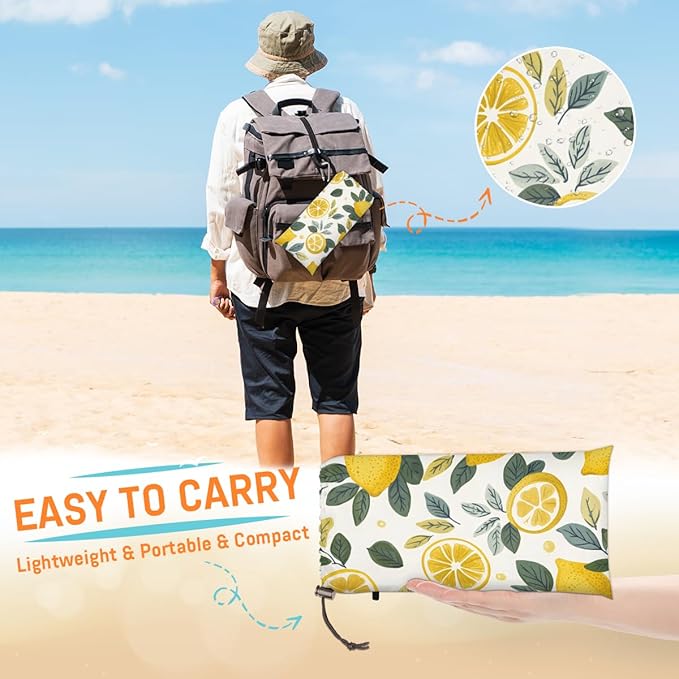Waterproof Sandproof Beach Blanket 59''×68'' Lemon Drawing Polyester Outdoor Picnic Blanket with 4 Stakes &amp Storage Bag for BeachCampingVacation Fruit