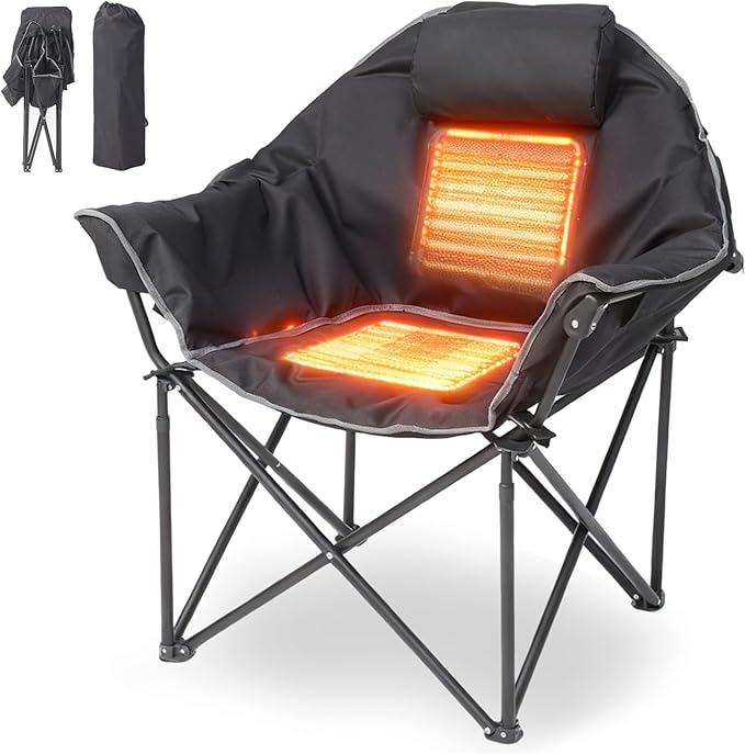 Oversized Heated Camping Chair Folding Heated Outdoor Chair with Back &amp Seat Heating Heavy Duty Support 400 lbs Portable Heated Camp Chair for PatioTailgating Picnic Battery NOT Included Bl