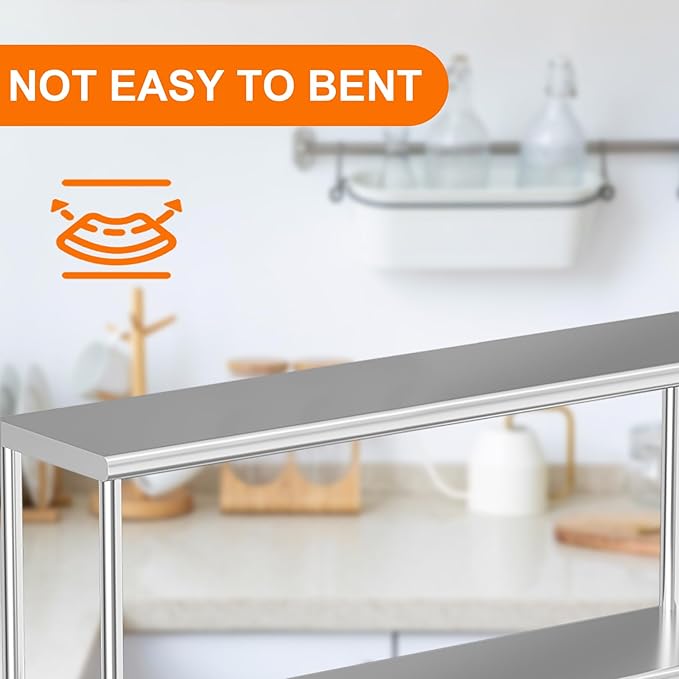 GarveeHome Stainless Steel Double Overshelves 47.24x11.81x33.46 in Adjustable Commercial 2-Tier Shelf Heavy Duty Racks for Kitchen Prep Table Worktable Restaurant