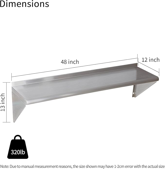 Stainless Steel Shelf 12x48 Space-Saving Wall Mounted Shelving 320lb Heavy Duty Steel Shelves with Easy-Clean Surface for Kitchen Restaurant Bar Hotel (Commercial &amp Home Use)