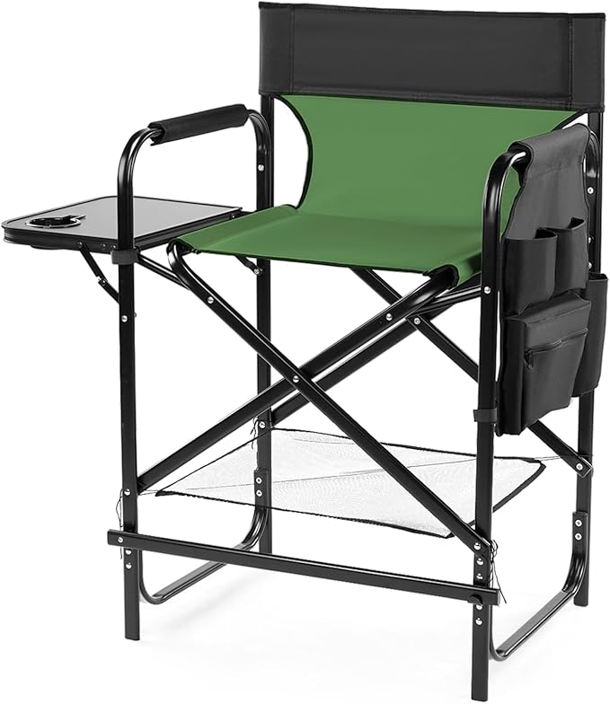 Tall Camping Directors Chair 26 Portable Folding Artist Makeup Chair with Side Table Pocket Footrest Concert Outdoor Foldable Camp Lawn Chairs (Olive-a)