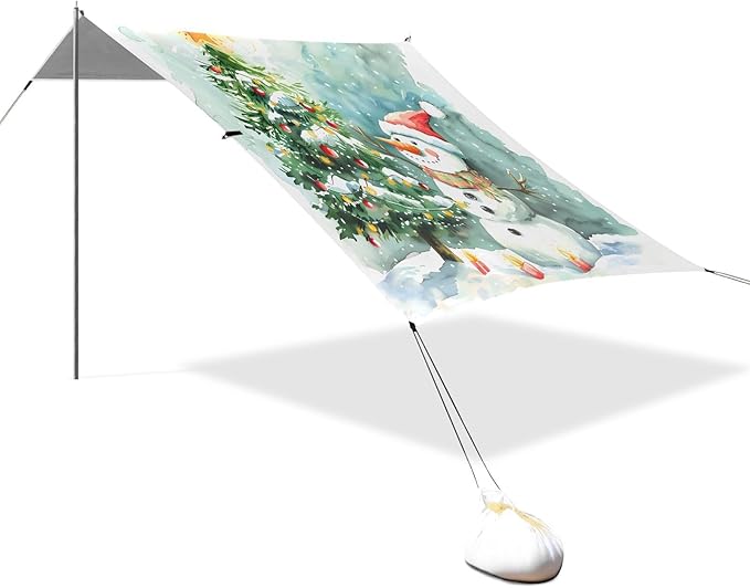 ALAZA Christmas Snowman Tree Beach Tent Sun Shelter UPF50+ Protection Beach Shade Canopy w/ 4 Sandbags for Outdoor Camping Fishing Backyard Fun Picnic 10x9 ft