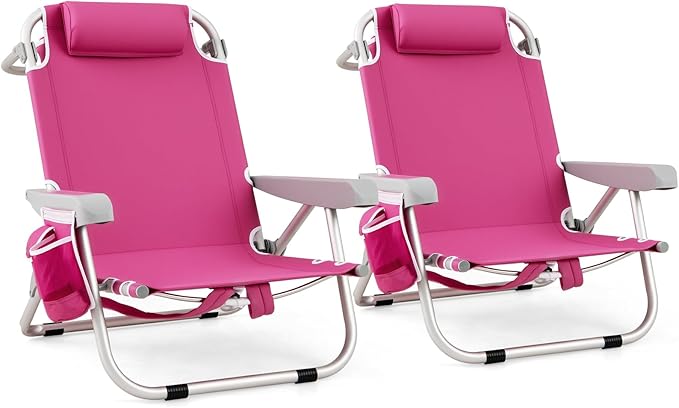 Goplus Beach Chair 2 Pack 330lbs Folding Backpack Chairs for Adults with 5 Positions Storage Pockets Towel Bar &amp Headrest Foldable Low Beach Lounge Portable Aluminum Lay Flat Camping Chair