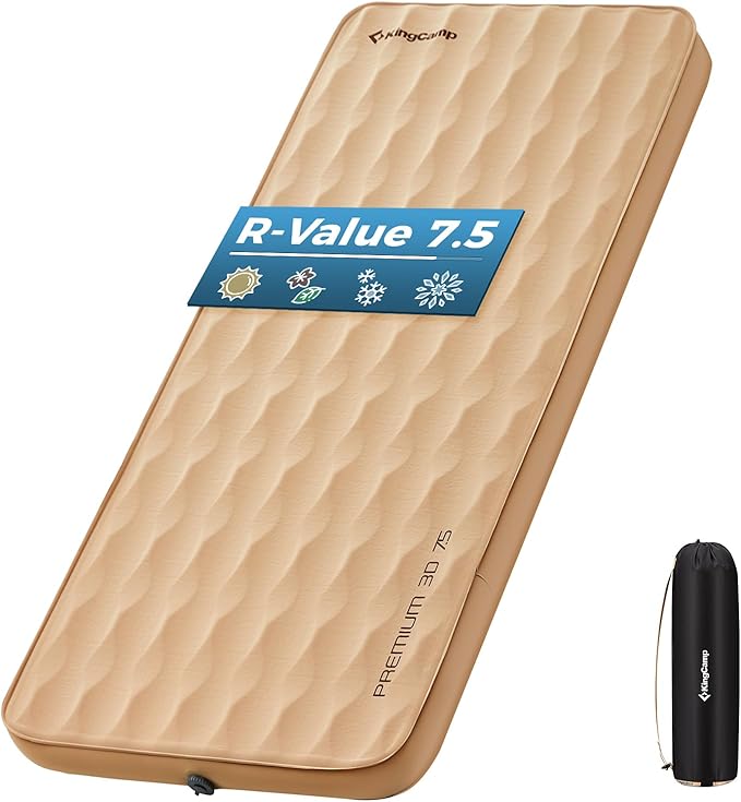 KingCamp Self Inflating Sleeping Pad R 7.9 Air &amp Foam Sleeping Pad for Camping 3 Thick Single Camping Mattress with 3D Sidewalls &amp Wave Surface Cut for Outdoor Tent Cot Car PVC Free (Khaki