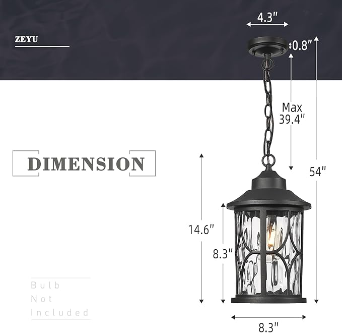 zeyu Modern Outdoor Hanging Porch Light 14.6 Inch Outdoor Pendant Lights for Porch Die-Cast Aluminum with Clear Water Ripple Glass Black Finish ZX48MH-WG BK