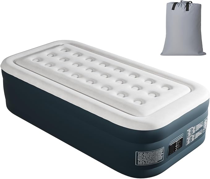 Air Mattress with Built in Pump Raised18in H Comfort Blow up MattressDouble Chamber Airbed2min Quick Inflation/Deflation Mattress for Home Guests Camping (FlockingGray &amp White Twin)