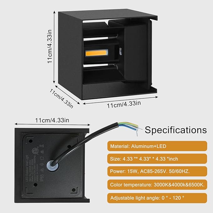 Nigaut Modern Outdoor Wall Light3000K 4000K 6500K 15W Aluminum Outdoor Sconce Lights for Porch with Adjustable Beam Angle LED Exterior/Interior Lighting Fixtures 2-Pack