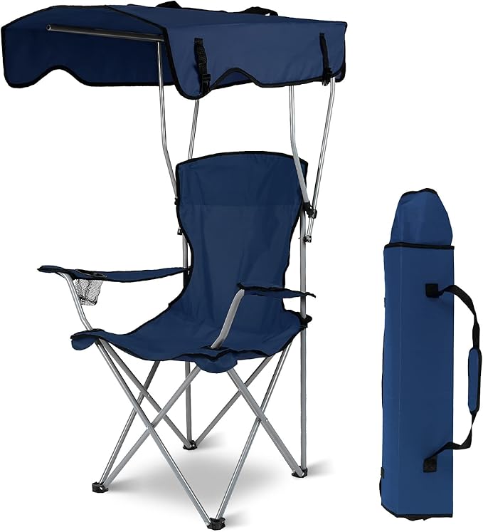 iMounTEK Camp Chair Foldable Canopy Camp Chair with Shade Sun Protection Camping Recliner with Carry Bag Support 330LBS Load Folding Seat with Cup Holder for Fishing/Beach/Travel/Picnic(NavyBlue)