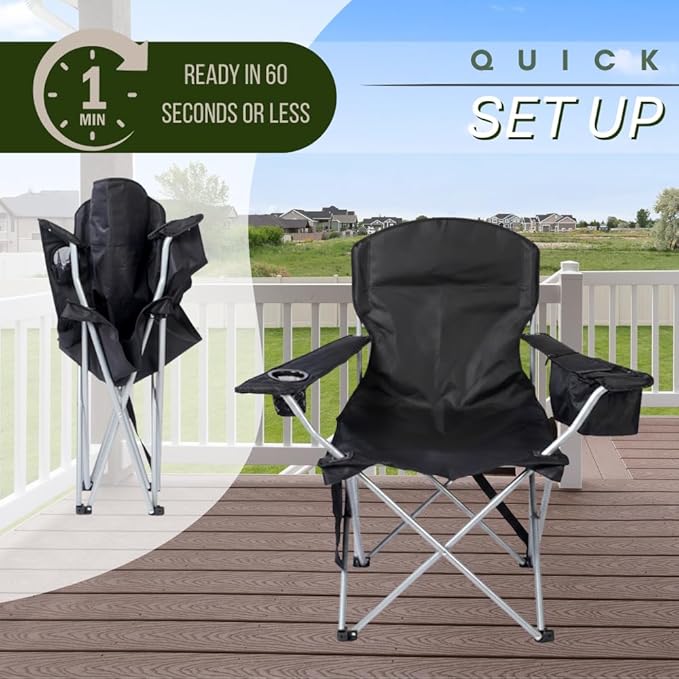 Pack of 2 Portable Lawn Chairs with Built-in Can Cooler Storage Pocket Carry Bag and Cup Holder Includes Carry Bag (2 Black)
