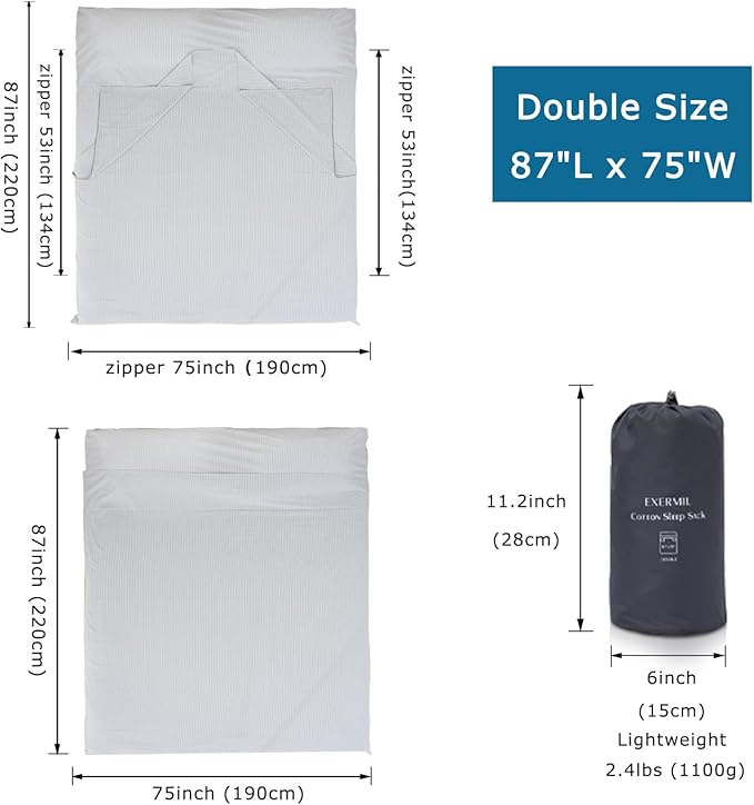 100% Cotton Sleeping Bag Liner with Full Length Zipper on 3 Sides Single/Double Adult Sleep Sack for Travel &amp Camping Multifunctional Travel Sheets (Unzipped 87”x87”) for Hotel Lightweight
