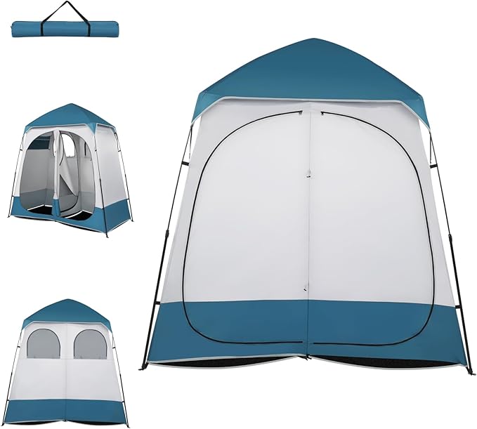 2 Rooms Camping ShowerTent - Portable Privacy &amp Changing Room Tent for Camping Hiking Beach | Lightweight Durable 15 * 19 Oxford Cloth Tent with Large Zipper Door 90x90x48 (Blue/White)