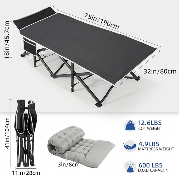 HABUTWAY Camping Cot with Mattress 32 Extra Wide Camping Cots for Adults Sleeping Cot for Adults Holds Up to 600LBS Cots for Sleeping Camp Rv Beach Patio Office Naps(Grey)