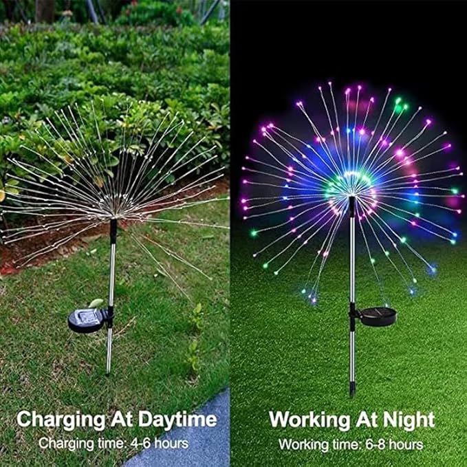 Solar Firework Lights 2Pcs Garden Lights Outdoor Waterproof 120 LED with 8 Modes Twinkling and Steady-On Festive daysStarburst Lights for Path Patio Yard (Colorful)