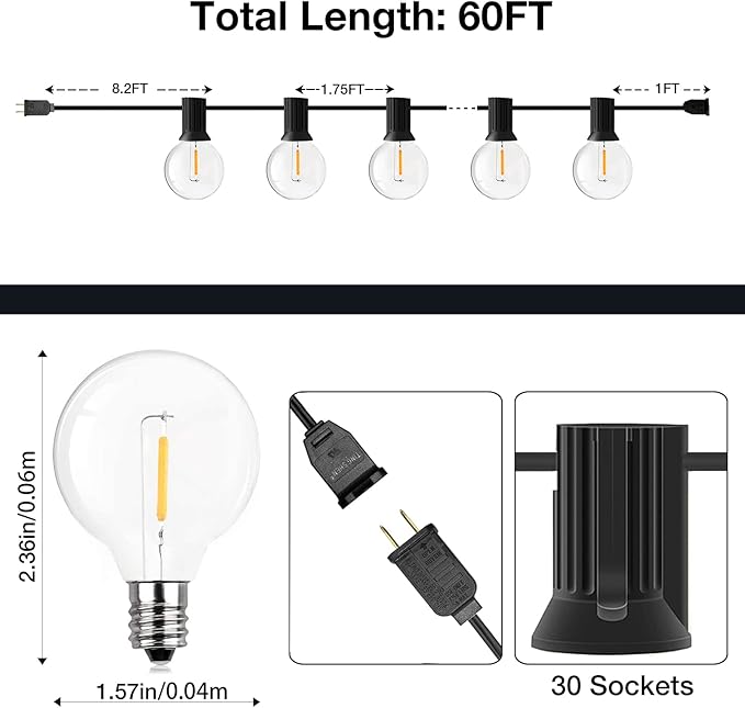 GPATIO Outdoor String Lights 60FT Waterproof Patio Lights with 32 Hanging Light Globe G40 Bulbs 2700k Shatterproof for Backyard Gazebo Porch Garden Commerical Outside Decor