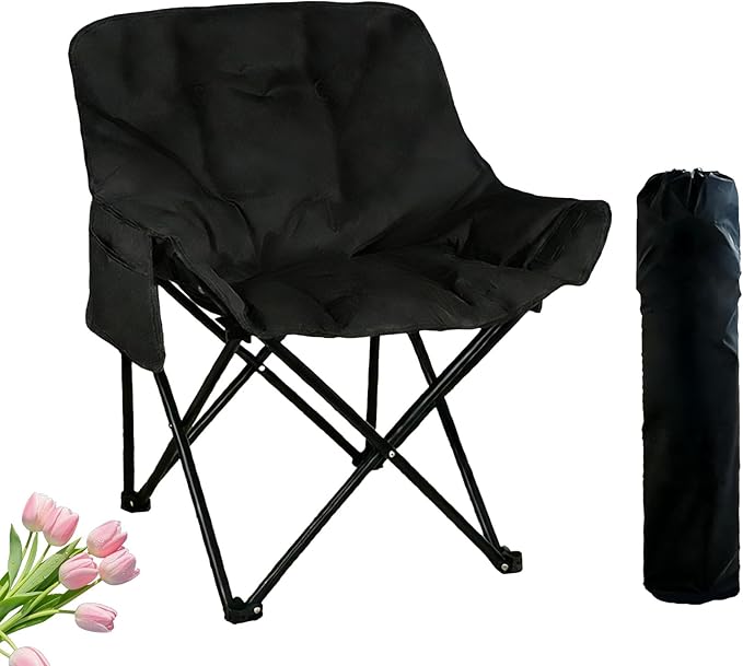 Outdoor 3-Layer Padding High Back Moon Chair with Thick Cotton 600D Oxford Fabric Portable Folding Camping Chair with Side Pocket Supports up to 300lbs (Black)