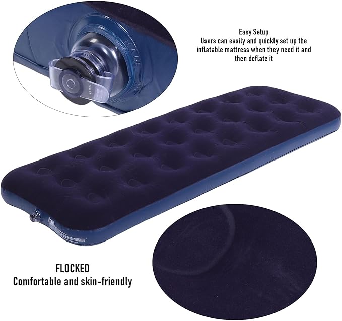 Inflatable Mattress Flocked PVC Single Blow Up Mattress Camping Sleeping Pad with Reinforced Material for Home Outdoor Camping Hiking