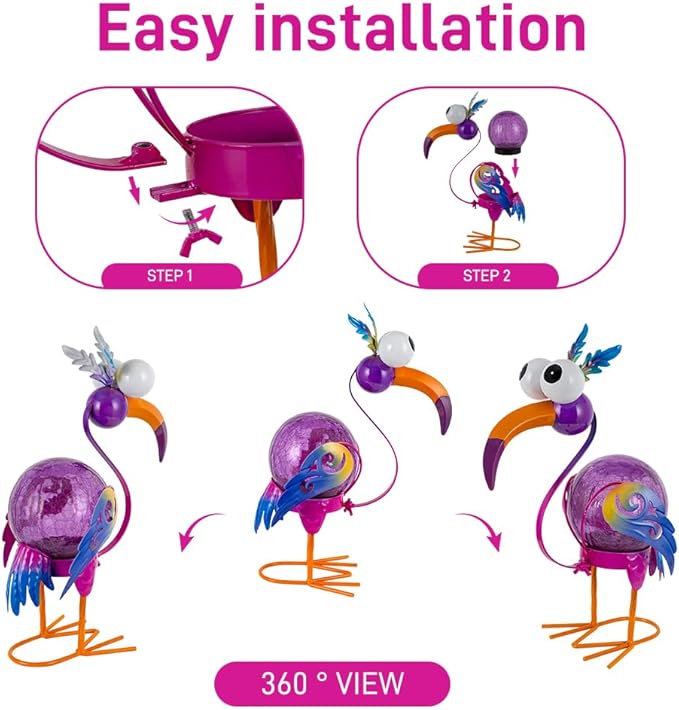 Funny Birds Solar Lanterns Outdoor Waterproof LED Solar Lights Crackle Glass Decorative Crane Tabletop Lantern Garden Yard Art Patio Porch Decor Gift for Women Moms (Purple)