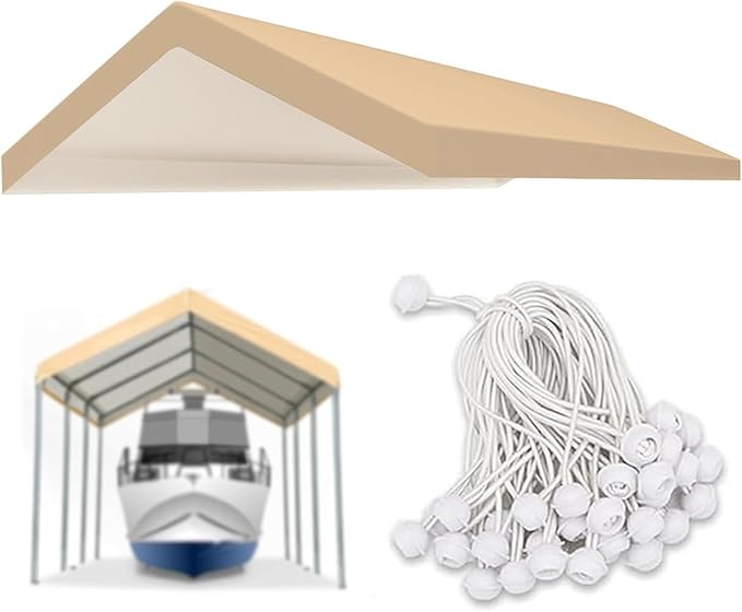 Carport Replacement Canopy Cover for Car Tent Top Garage Shelter Cover Tarp with Ball Bungees (Only Top Cover Frame Not Include) (Beige 10’ x 20‘)