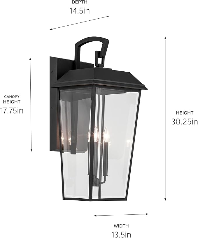 Kichler Mathus 3-Light Textured Black Luxe Updated Traditional Outdoor Wall Light with Clear Glass for Outdoor Walls Exterior Doors Garage Porch or Patio Walls