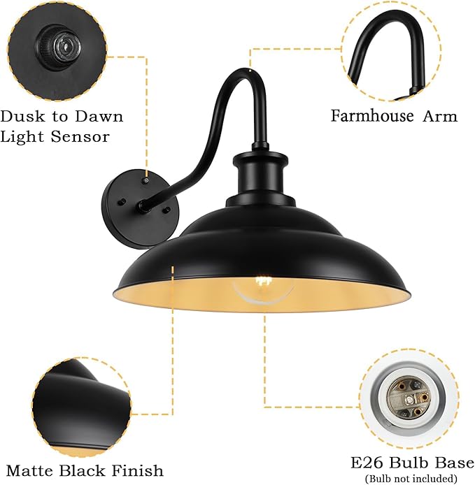 Dusk to Dawn Outdoor Barn Light Fixtures 16 Inch Dome Large Wall Sconce Farmhouse Exterior Wall Mount Light for House Garage Patio Doorway