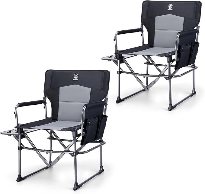 EVER ADVANCED Camping Directors' Chair with Side Table Portable Folding with Compact Size Heavy Duty Lawn Chair with Pocket for Camping Lawn Sports and Fishing 400lbs Black 2 Pack