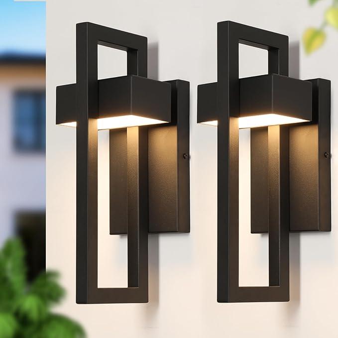 LED Modern Patio Lights Matte Black Outdoor LED Lights Waterproof Outside Lights for House Garage Porch Warm White 3000K 2 Pack