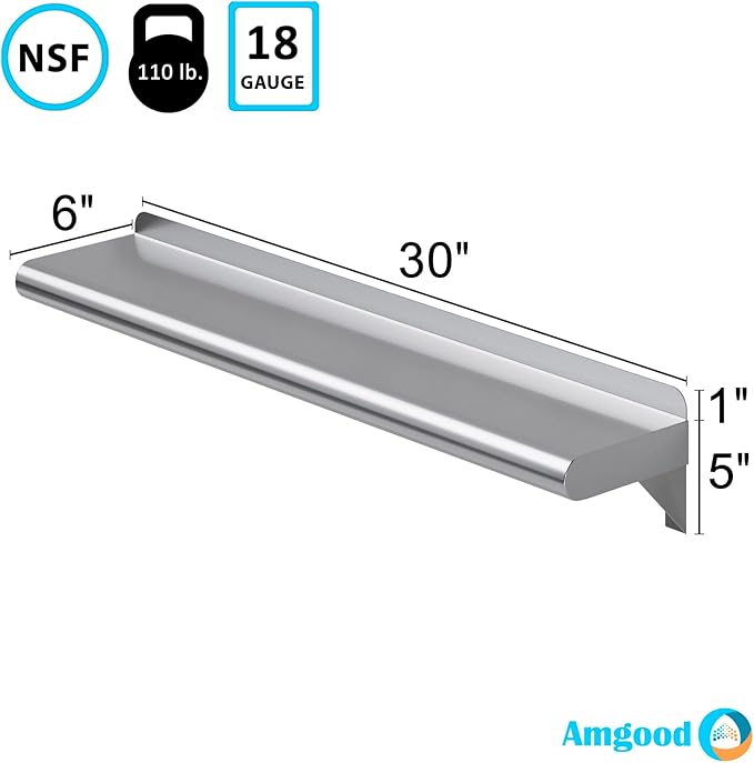AmGood 6 X 30 Stainless Steel Wall Shelf | NSF | Metal Shelving | Garage Laundry Storage Utility Room | Restaurant Commercial Kitchen