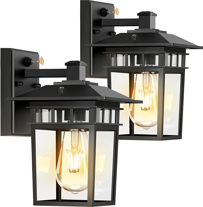 Dusk to Dawn Outdoor Wall Lights Black Porch Lights with Rust-Resistant Aluminum &amp Tempered Glass Exterior Lighting Fixtures 10.4 2-Pack for House Patio Garage Front Door