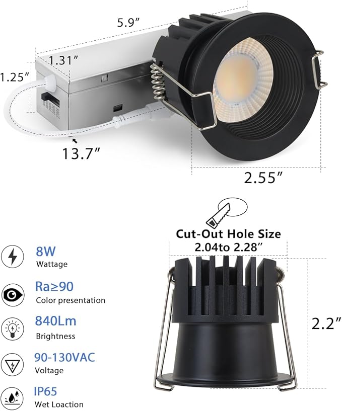 Adetu 2 Inch 5CCT Black Anti-Glare LED Downlight with Junction Box 2700K/3000K/4000K/5000K Selectable CRI90+ 8W COB 840LM IP65 Waterproof Dimmable-ETL and Energy Star Certified (Black12 Pack)