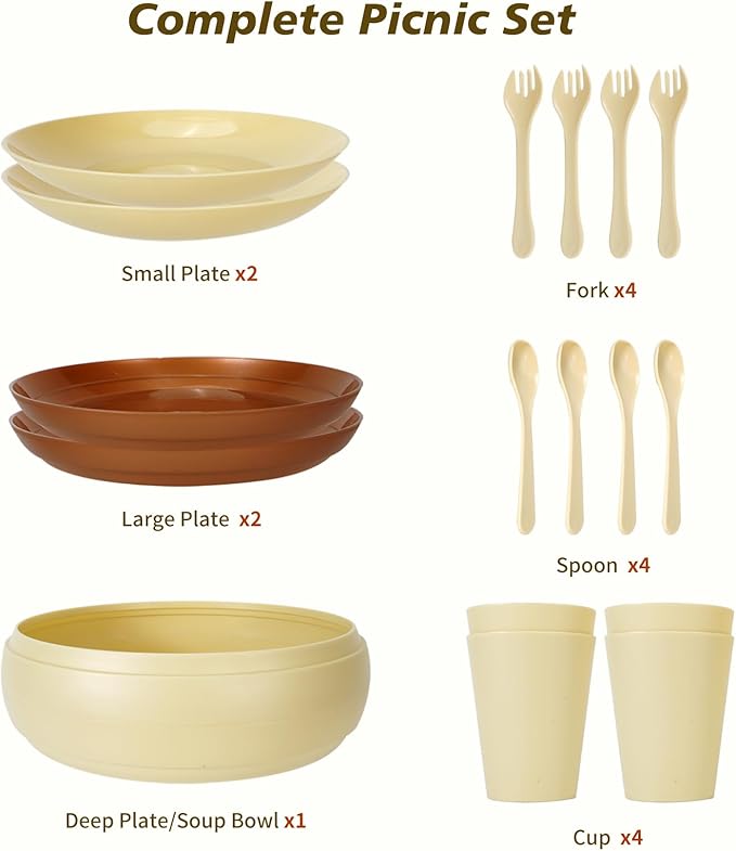 Camping Dishes Picnic Set Camping Plates Cups and Bowls Set with Spoons and Forks BPA Free 17PCS Camping Mess Kit Plastic Reusable Cutlery Set for 4 Portable Small Size Not Microwave Safe