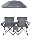 Goplus Double Camping Chair with Umbrella Folding Loveseat Chairs w/Canopy Shade Carrying Bag Table Cup Holder Portable Beach Chairs Outdoor Picnic Patio (Grey)