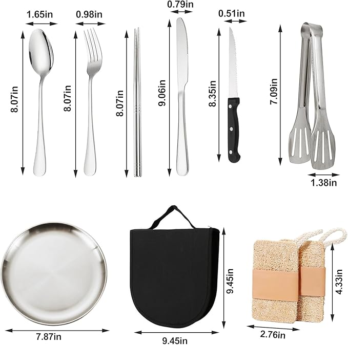 Camping Cutlery Set 12-Piece Stainless Steel with Plates and Case Portable Outdoor Dining Kit Silver