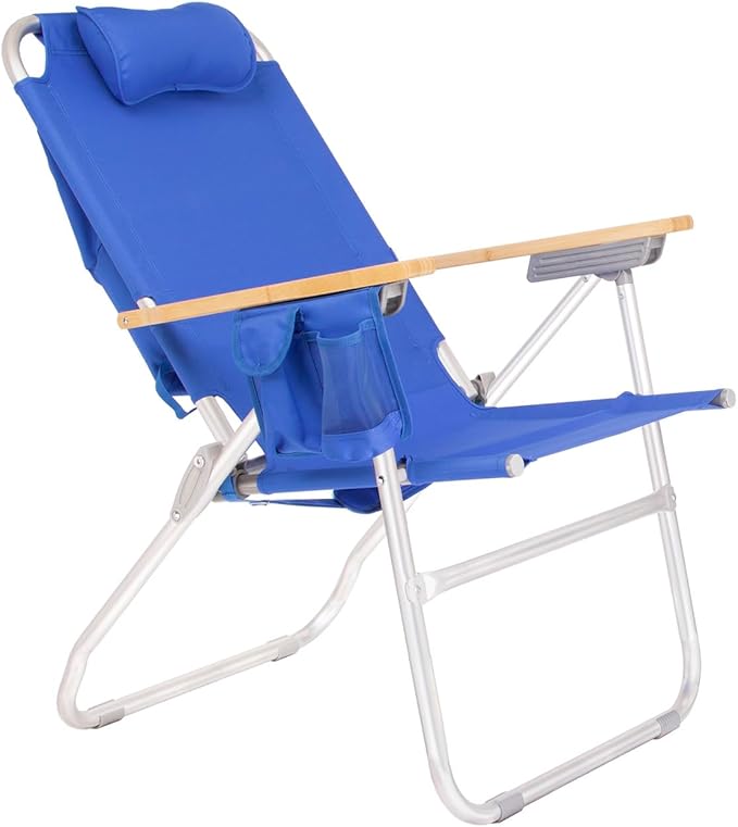 Heavy Duty Tall Beach Chair for Adults 17 High Off Ground 4-Position Reclining Insulated Cooler &amp Storage Pouch Bamboo-Finish Arms 300 lb Capacity