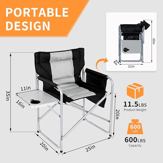 MOPHOTO Heated Camping Chair Portable Directors Chair with 3 Heat Levels Outdoor Heating Folding Camp Chairs with Side Table Pocket for Camping Fishing Picnic Lawn