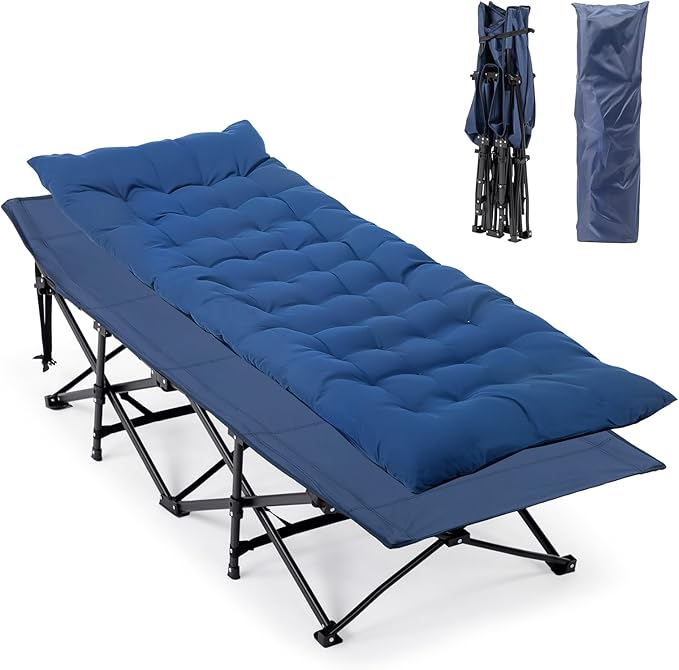 VINGLI Folding Camping Cot BedCamping Cots for Adults with Mattress Foldable Cots for Sleeping with Pillow 1200D Layer Oxford for for GuestTravelHiking-Blue 1P