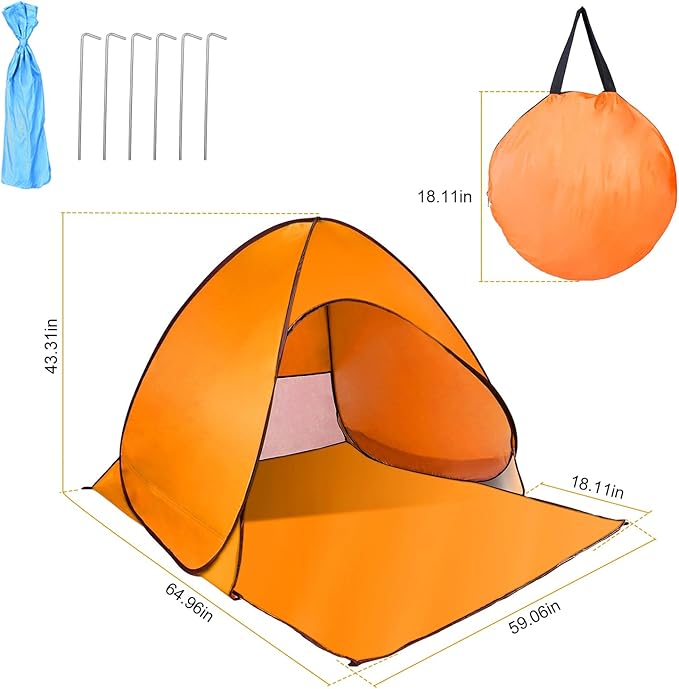Pop Up Beach Tent Sun Shade Shelter Anti-UV Automatic Beach Tent Canopy for 2-3 People with Net Window Carry Bag for Park Camping (Orange)