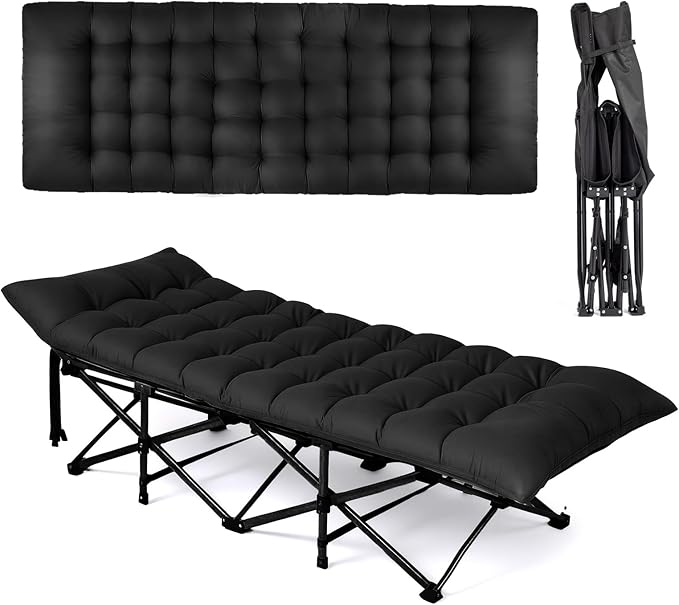 VINGLI Folding Camping Cot BedCamping Cots for Adults with Mattress Cots for Sleeping with Pillow 1200D Layer Oxford for for Guest-Black 1P