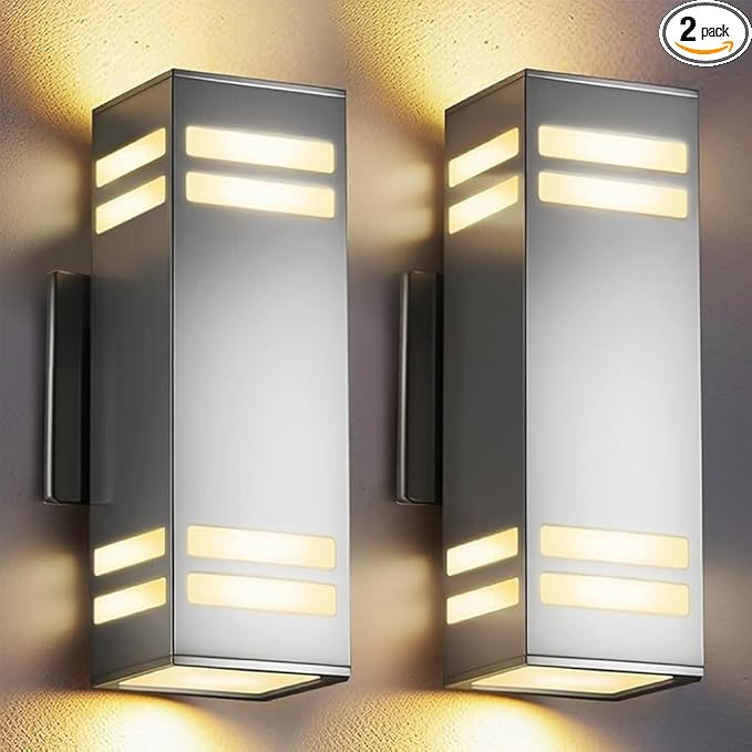 SHIMR Dusk to Dawn Outdoor Lighting 2 Pack Up and Down Lights Stainless Steel Exterior Light Fixture with Photocell Sensor Waterproof Modern Outside Lights for House Garage Porch LED Bulbs Included