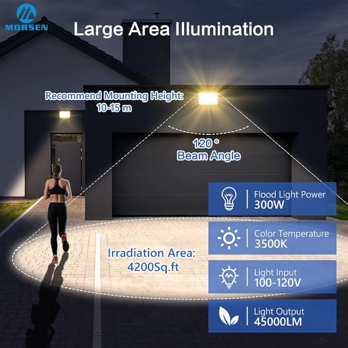 MORSEN 300W Warm White Led Flood Lights Outdoor 3000K Super Bright 45000LM Security Lights with PlugExterior IP66 Waterproof FloodLight for Basketball Court Yard Garden Playground 2 Pack