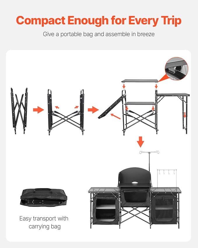 VEVOR Camping Kitchen Table Outdoor Camp Cooking Table Aluminum Portable Cook Station with 3 Storage Cupboard Carrying Bag Detachable Windscreen Quick Set-up for BBQ Party Picnic RV Travel Black