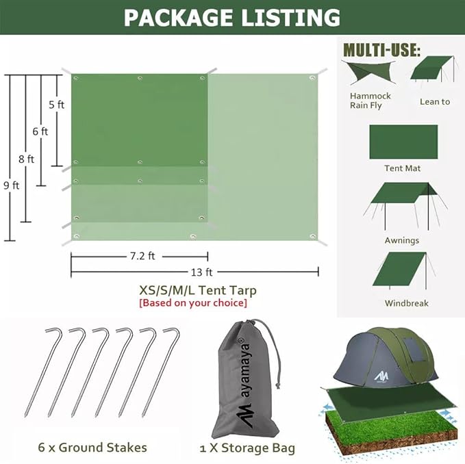 Tent Footprint KANCOKIT PU 3000 Waterproof Tent Ground Cloth Extra Large Size for 3-8 Person Family Camping Tents Ground Sheet Mat with 6 Tent Stakes for Camping Hiking Picnic Backpacking (13 x 9 FT)